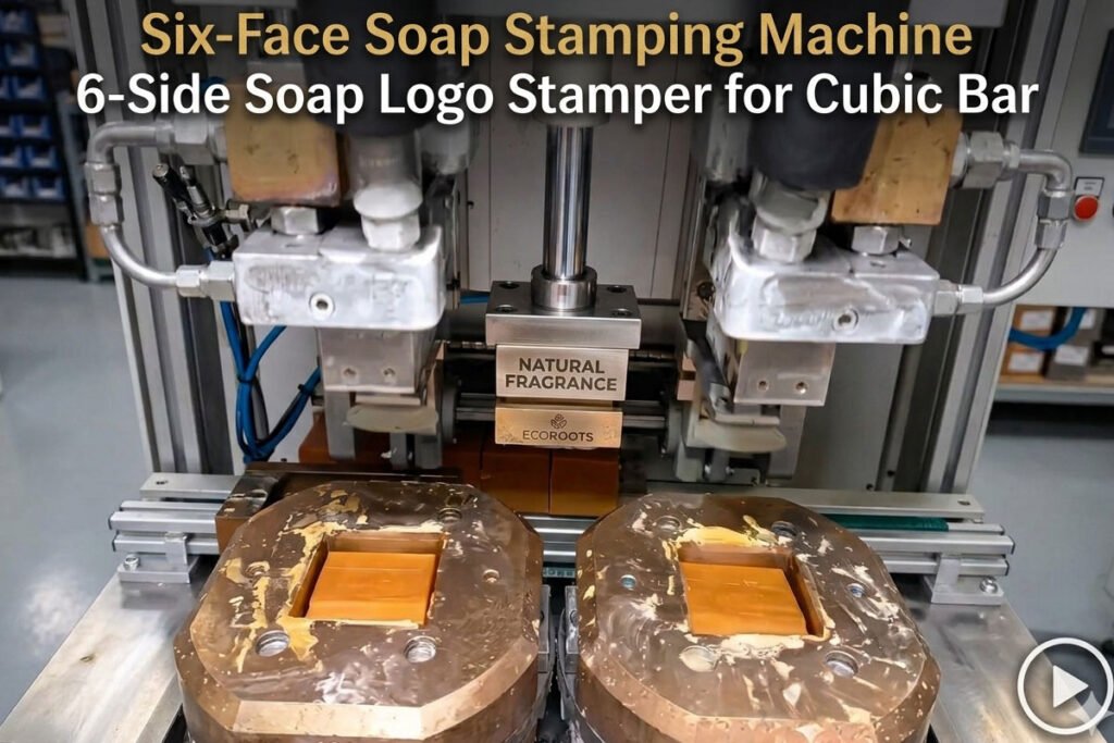 Automatic six-face soap stamping machine and 6-side stamper for cubic soap bar logo embossing